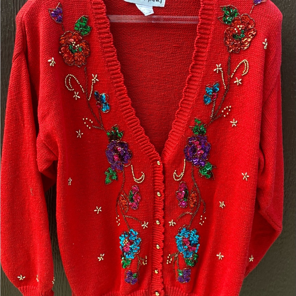 Vintage Vibrant Red Cardigan with Colorful Floral beaded women’s sweater